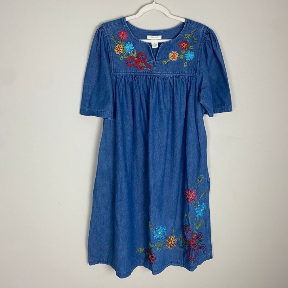 Bechamel Floral Embroidered Denim Dress Womens Medium Modest Cotton Tradwife